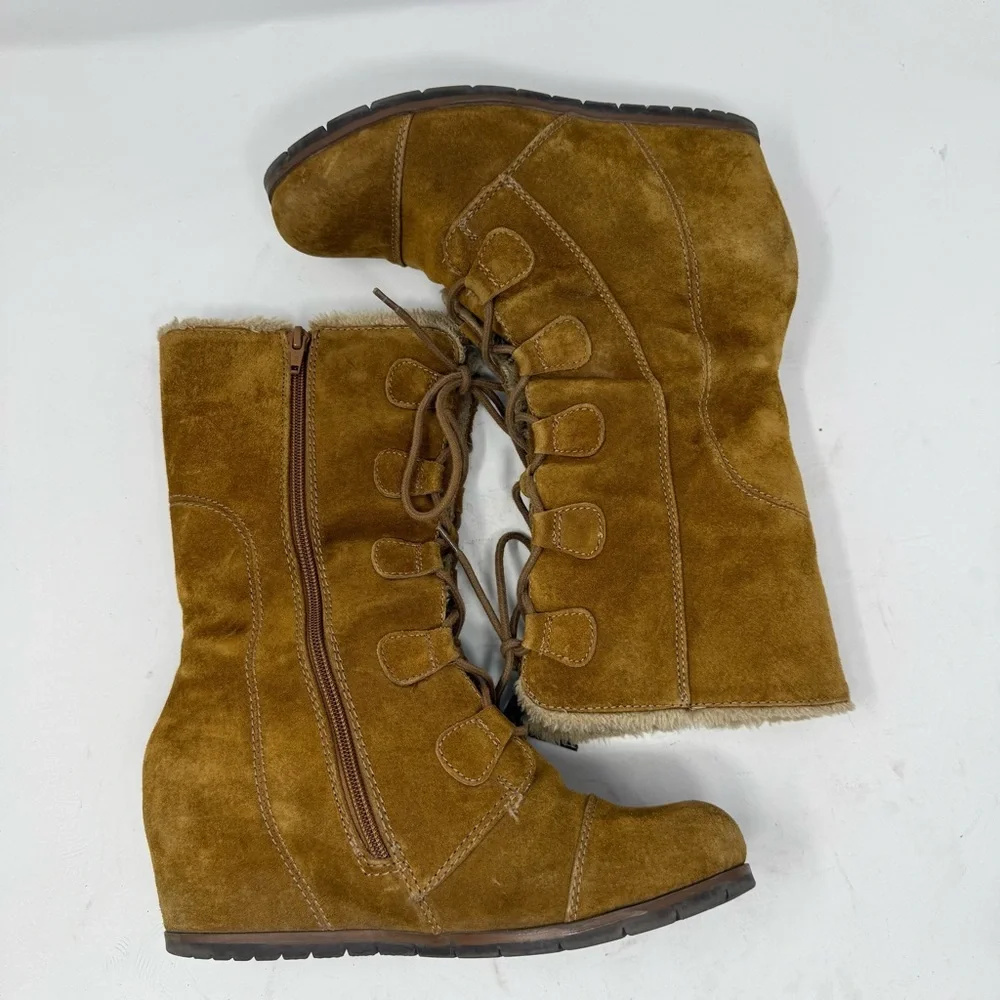 Vtg Baretraps Y2K Tan Genuine Suede Faux Fur Lining Wedge Boots Women’s US 8.5 M - Picture 6 of 15